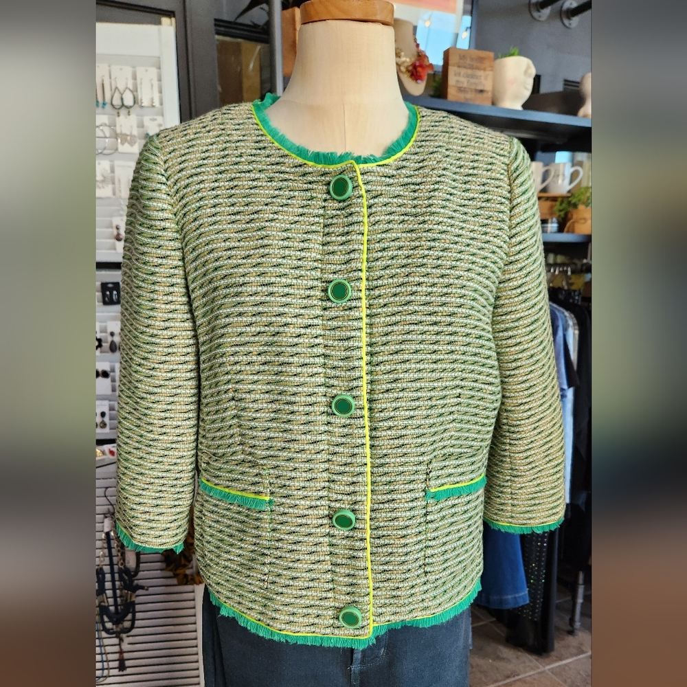 J Crew Green Fringe Trim Blazer